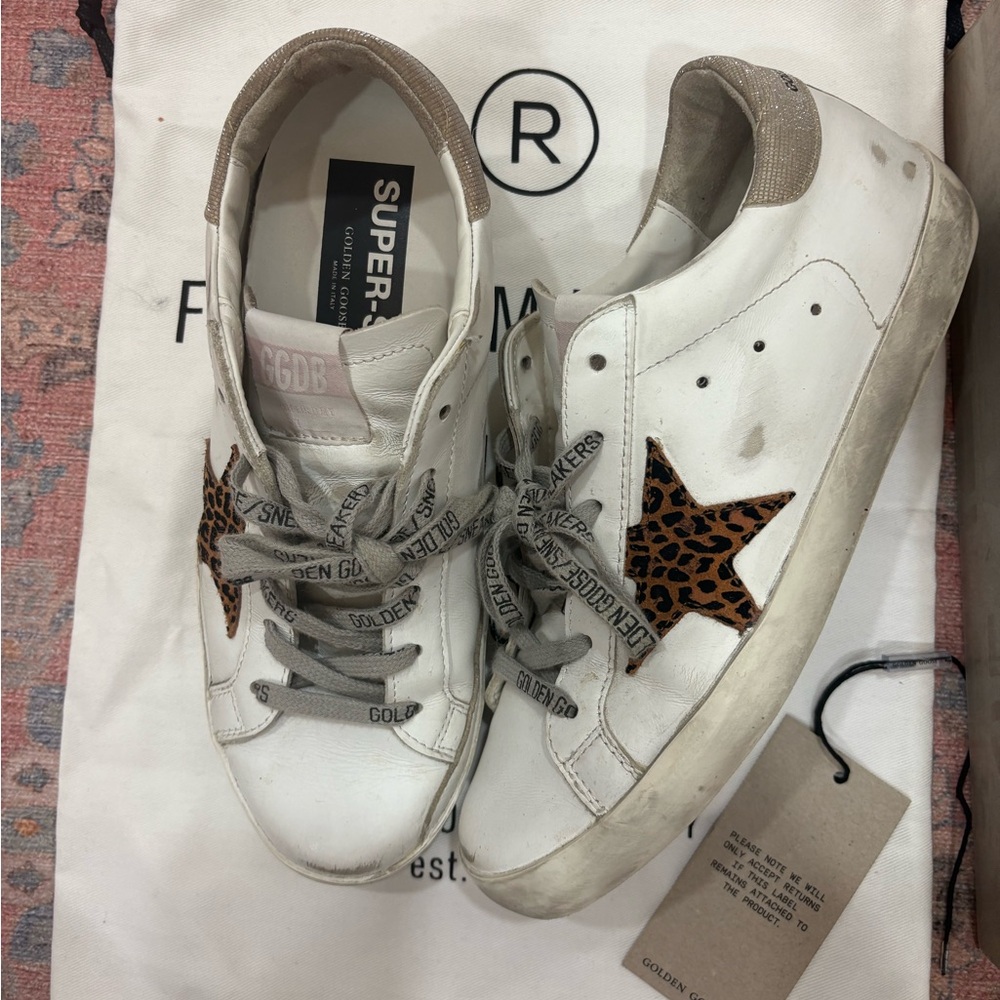 Golden Goose White and Leopard Super Star Sneakers